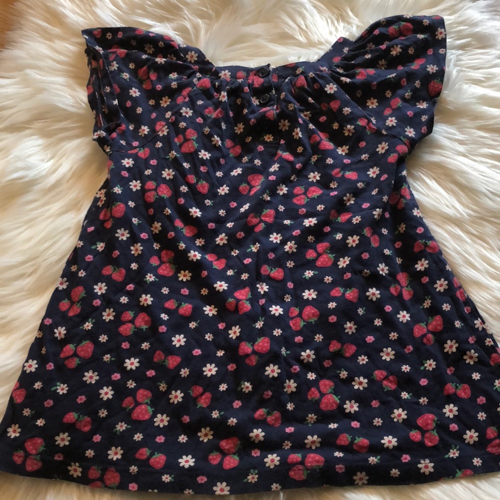 Navy Blue Blouse With Strawberries and Flowers